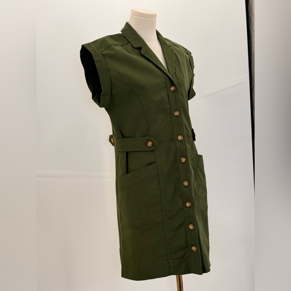 Loft Olive Green Utility Shirt Dress Button Front Safari Style with Pockets SZ-4 - Picture 4 of 12